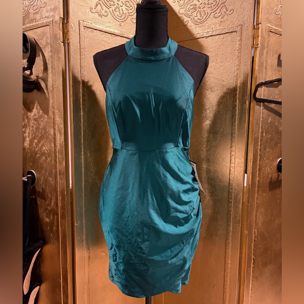 NWT Macy’s Satin Cocktail Halter Dress TEAL Medium